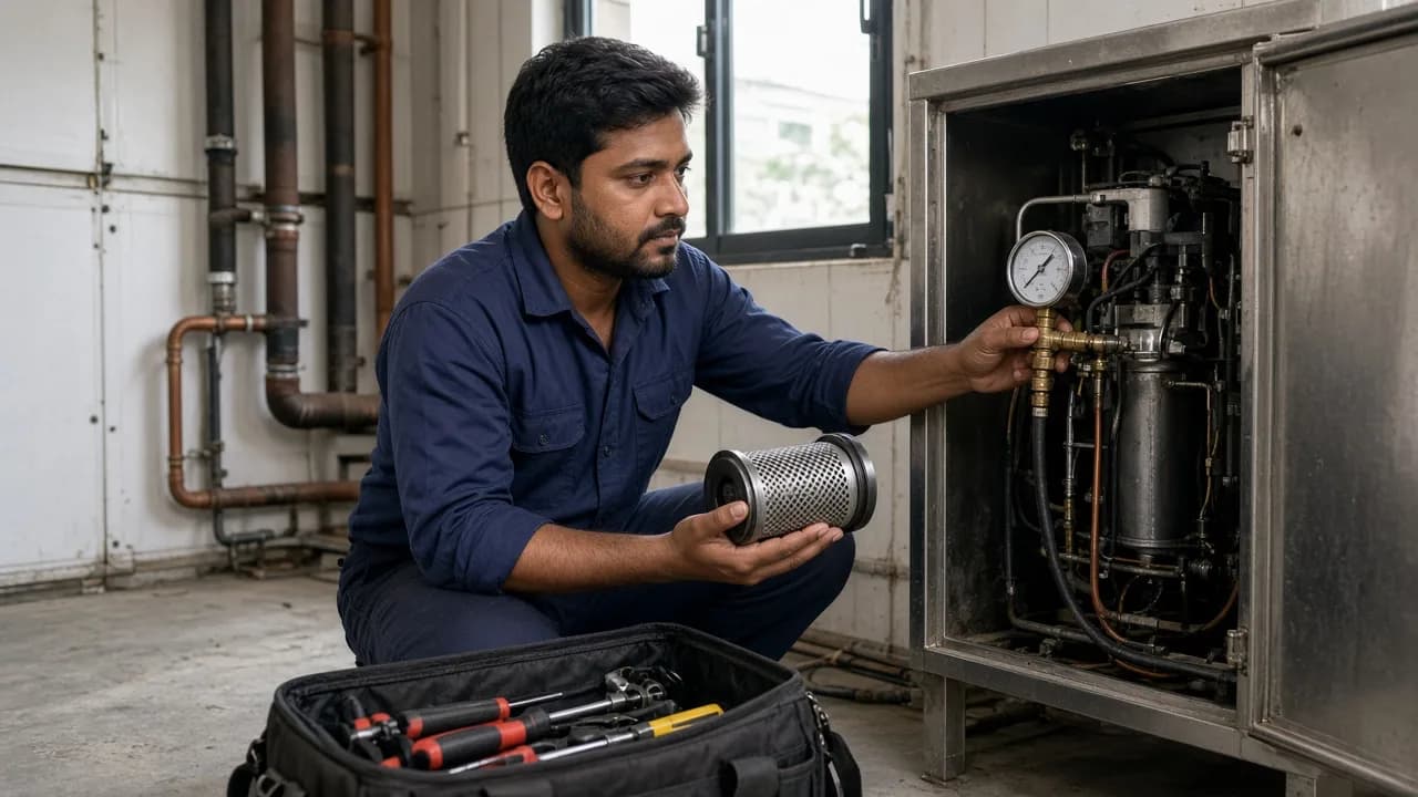 A technician checking a refrigeration unit and a spare part during a service visit
